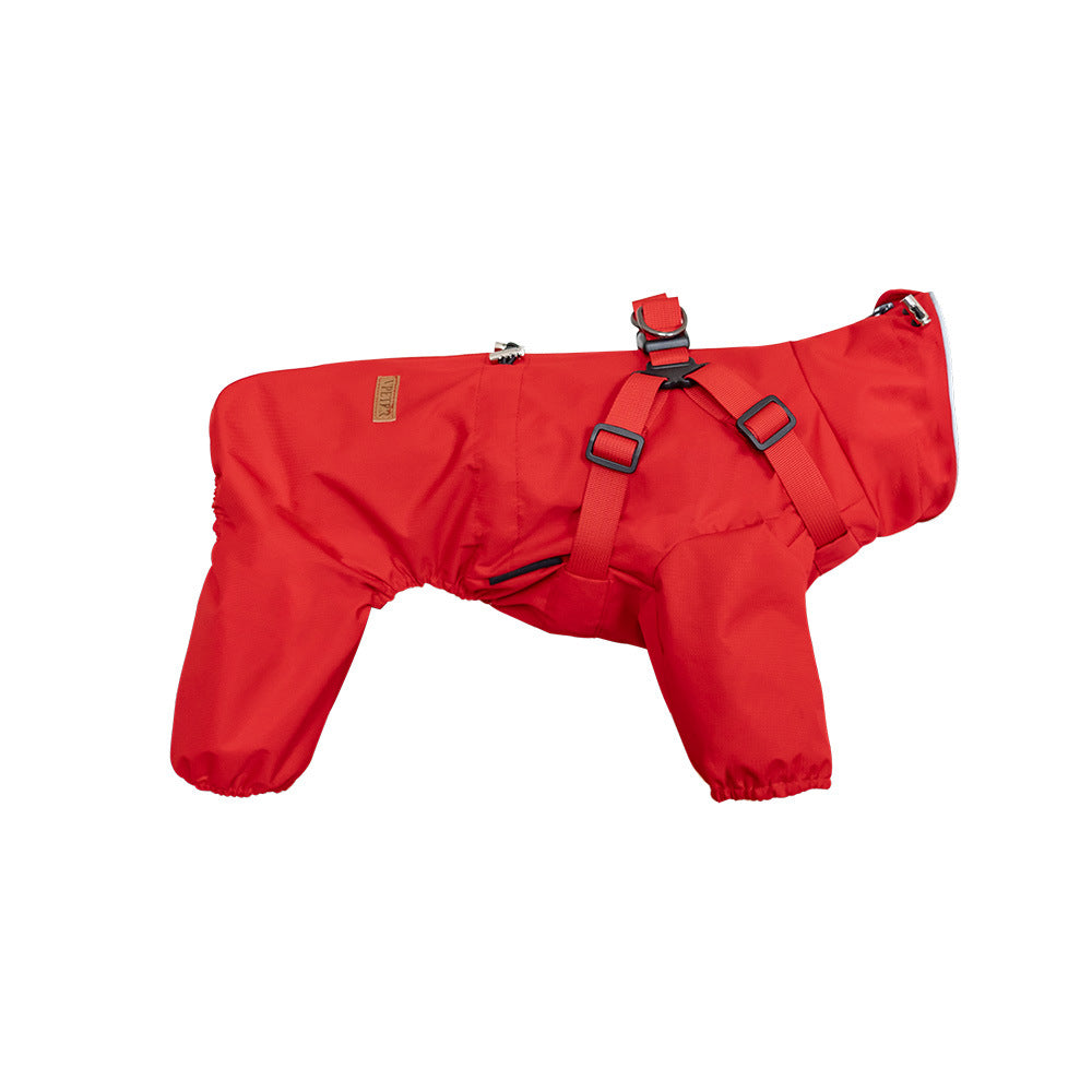 Waterproof four-leg dog raincoat with reflective strips in Laser Grey, in use with a pet
