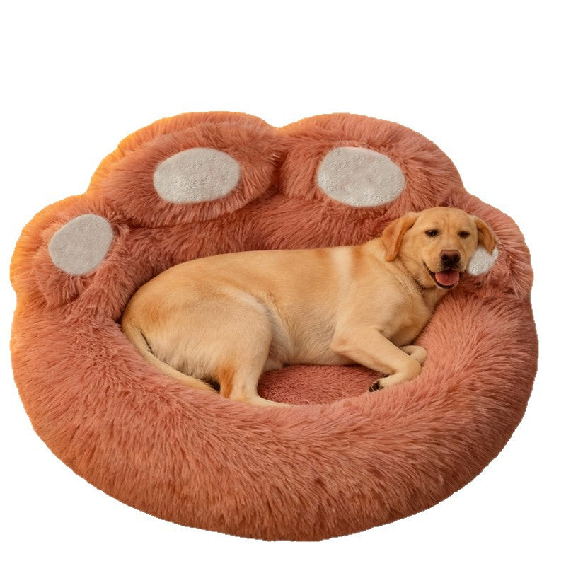 Grey bear paw shaped round plush pet bed, view 5