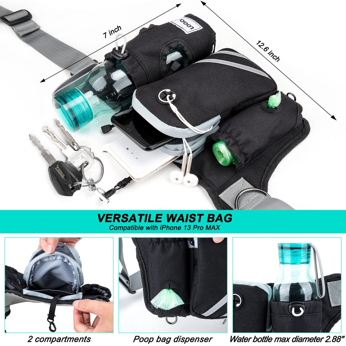 Hands free waist bag with built in lead in pink and green