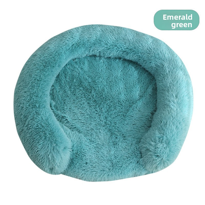 Plush round donut bed for cats and dogs in Light Brown, photo from another angle