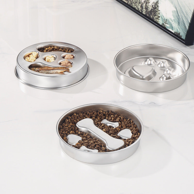 Stainless Steel Slow Feeder Pet Bowl in Bone, Claw or Fishbone Shapes with Stickers