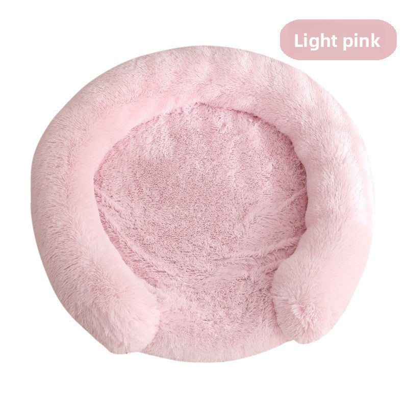 Plush round donut bed for cats and dogs in Coffee, detail and texture view