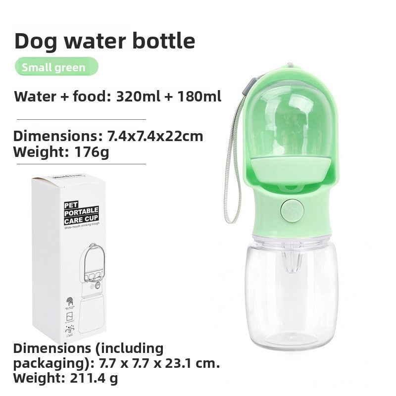Portable pet drinking and feeding bottle in Blue 320ml, in use with a pet