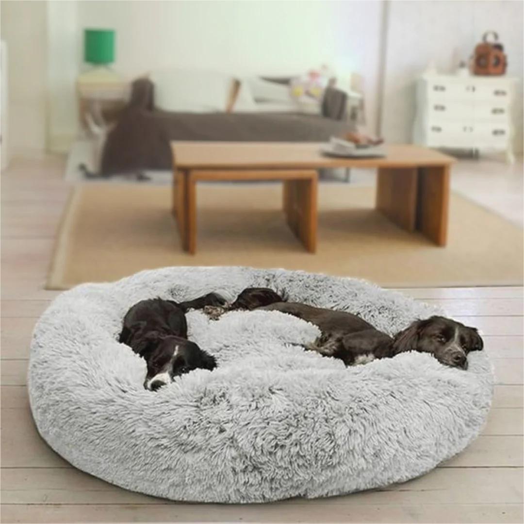 Brown round plush donut dog bed with raised rim, view 14