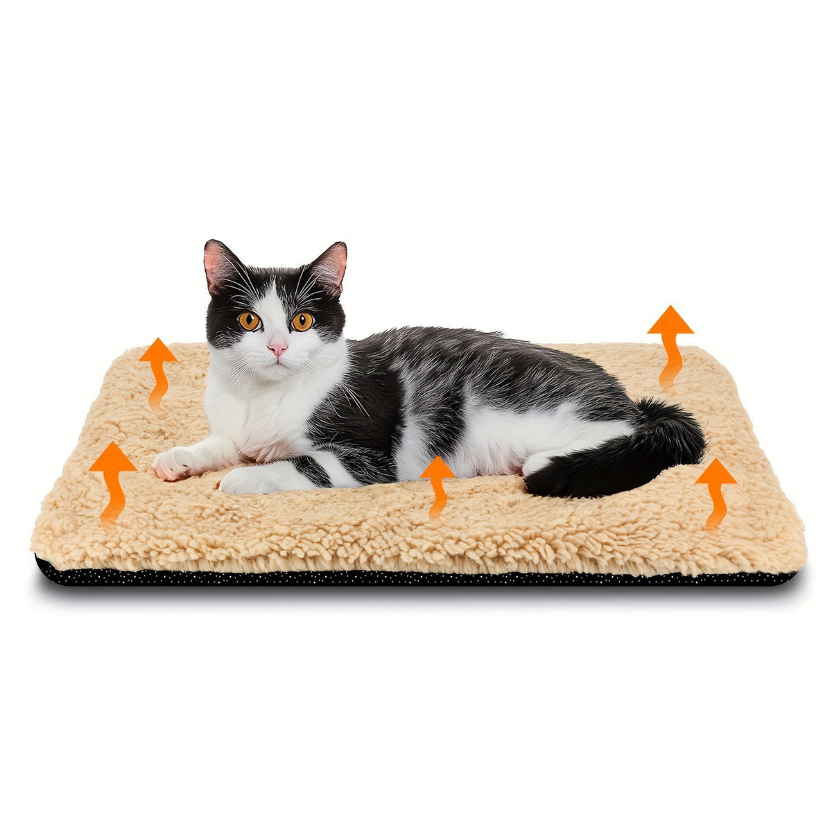 Dog resting on a white thick pet bed mat outdoors