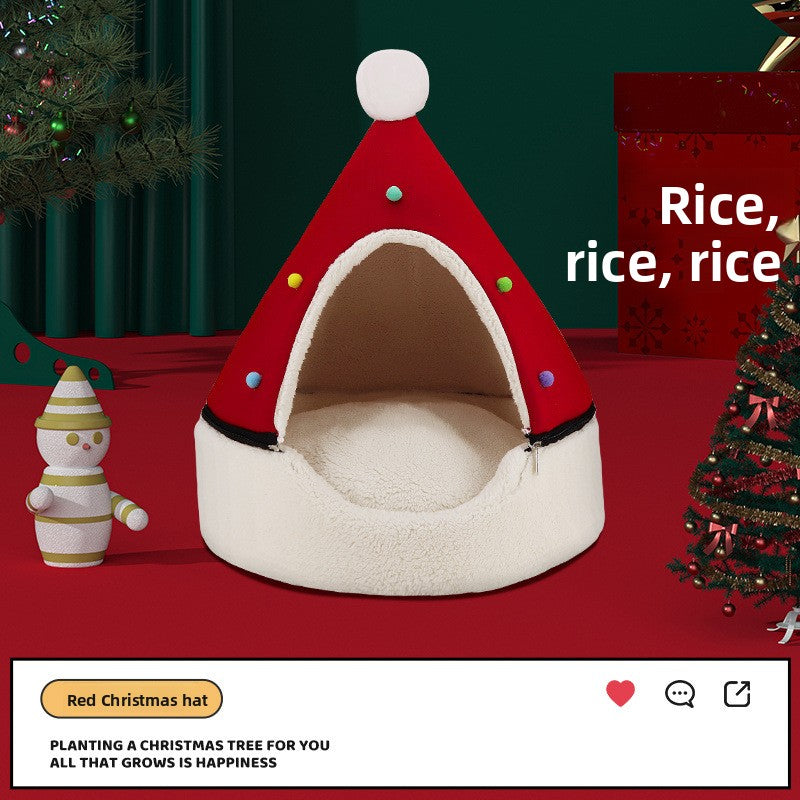 Christmas tree shaped pet nest with Santa hat design, product image 4