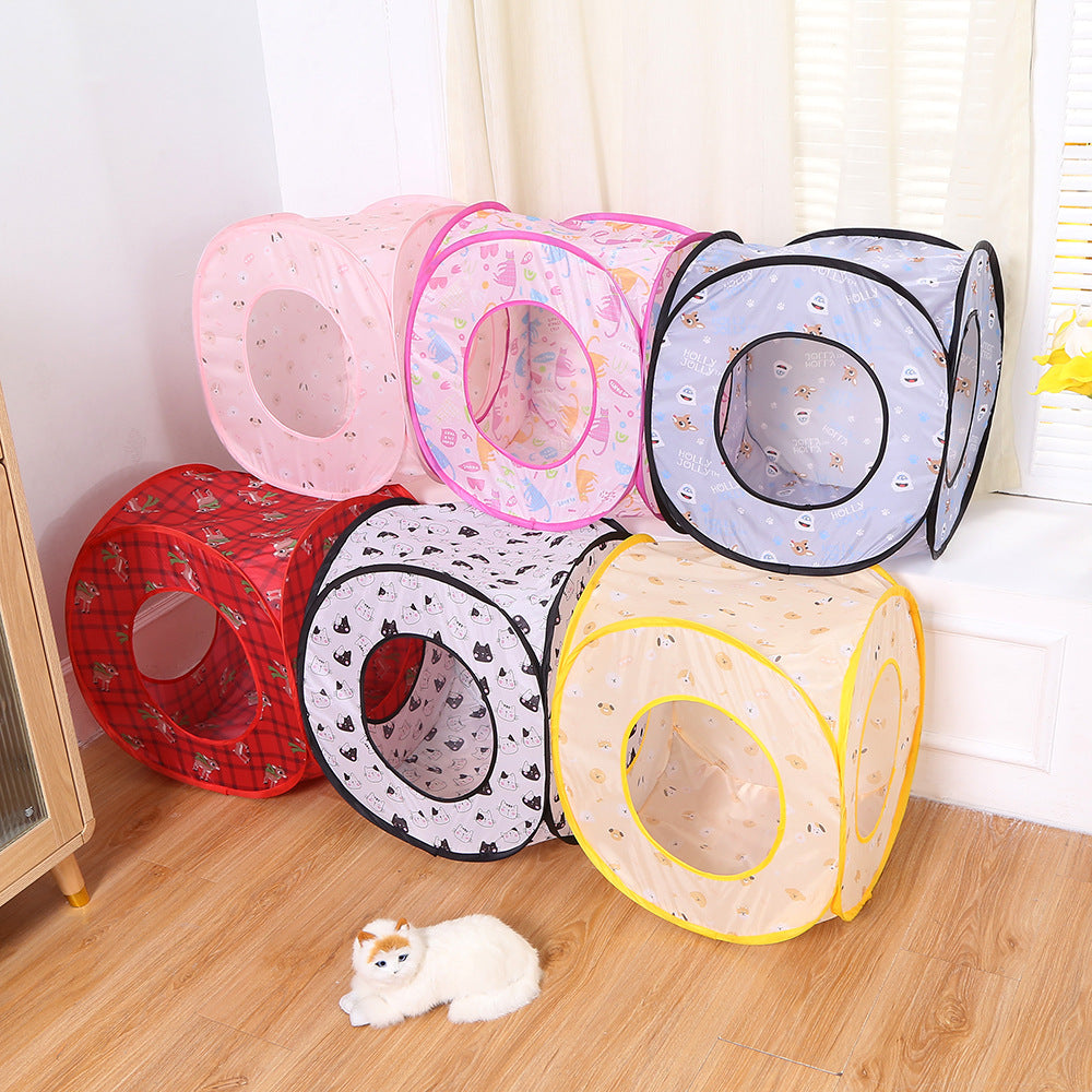 Foldable cat tent bed with play tunnel in rose red, view 1