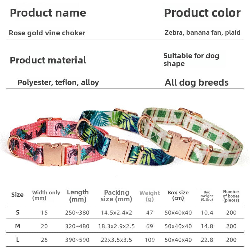 Printed polyester dog collar with rose gold buckle in green feather