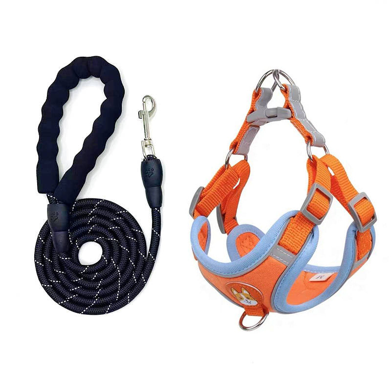 Adjustable nylon vest dog harness with lead, in use with a pet