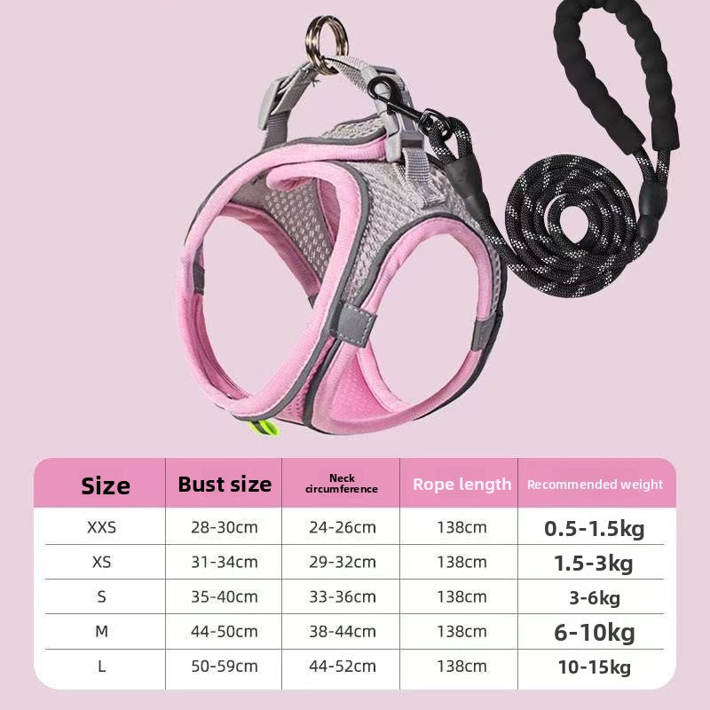 Two tone vest harness in pink and grey on a small dog