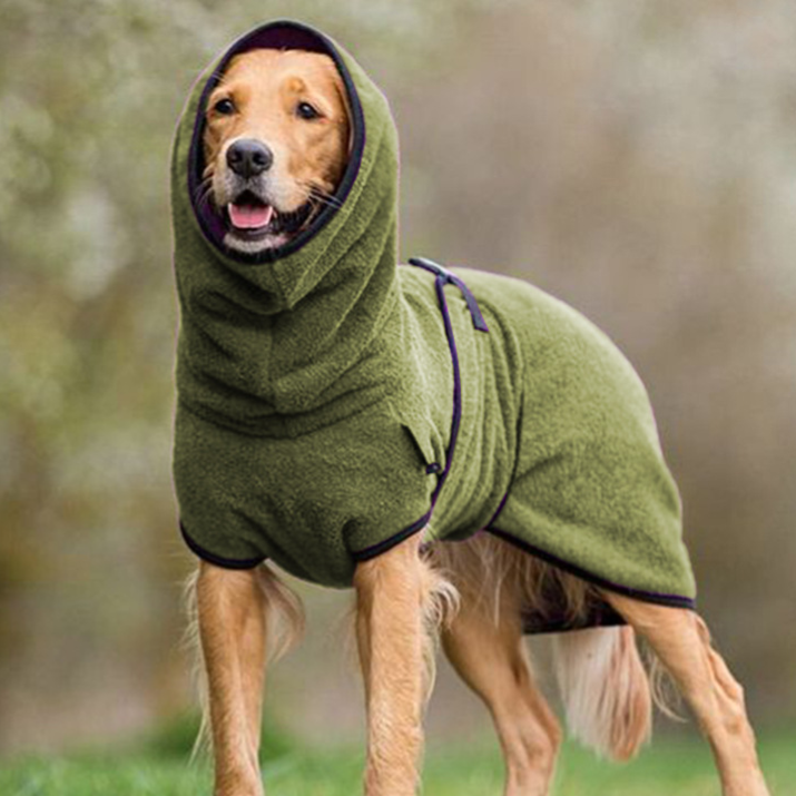 Dog wearing a soft lake blue polar fleece jumper