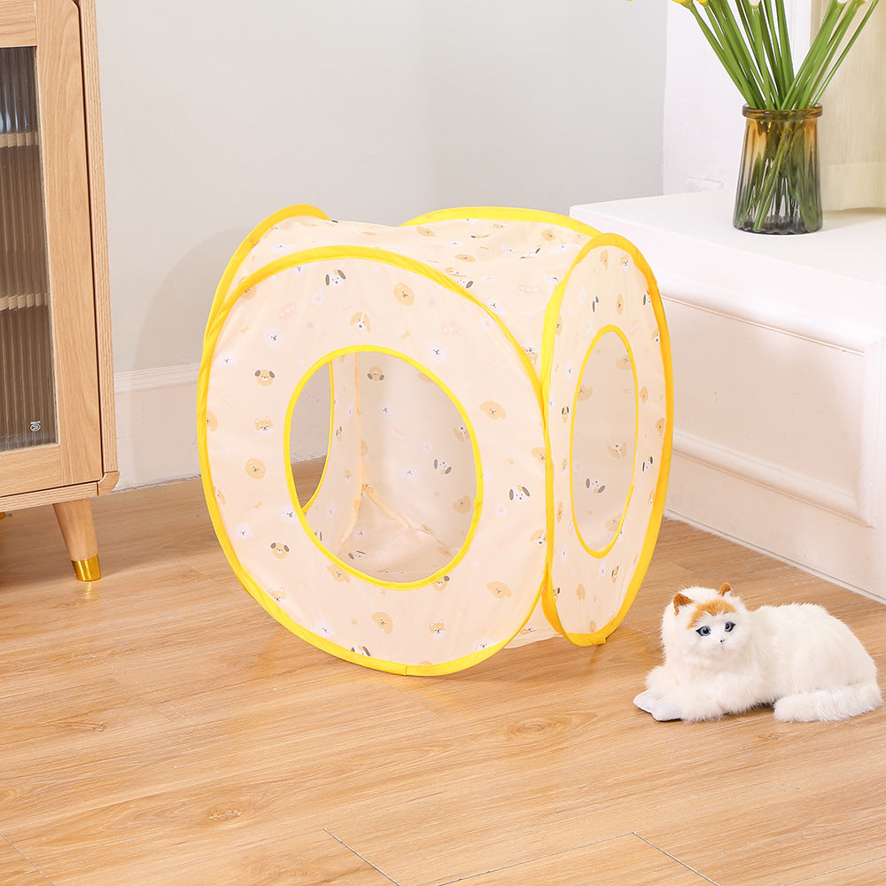 Foldable cat tent bed with play tunnel in rose red, view 8
