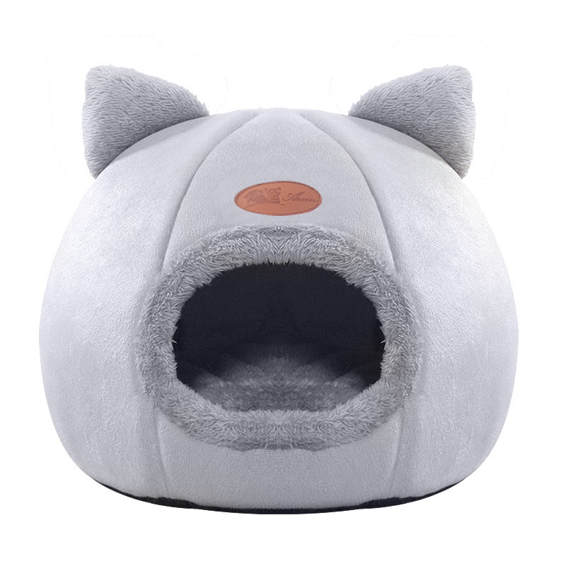 Pink semi enclosed velvet cat bed, cube shaped warm nest, view 5