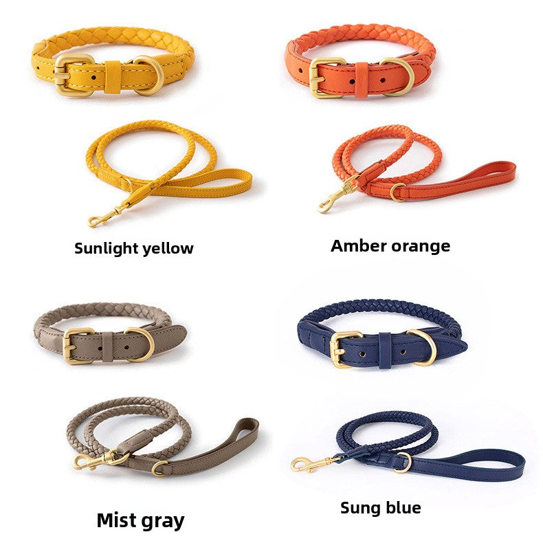 Woven leather look dog collar and lead in sunlight yellow