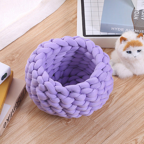 Soft velvet hand-woven round knot pet bed, detail photo 32