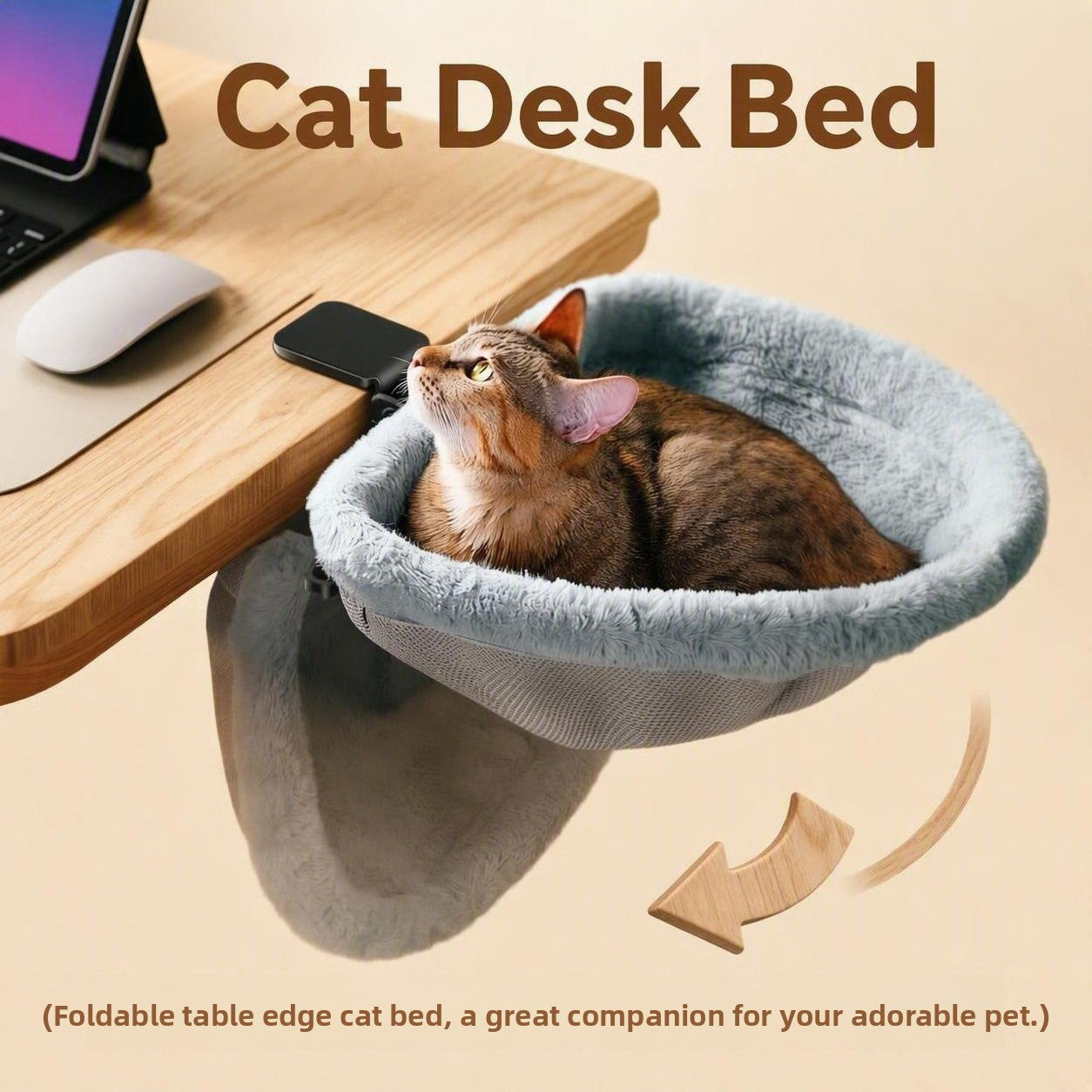 Clip-on desk cat hammock bed with soft plush and foldable frame, product image 1