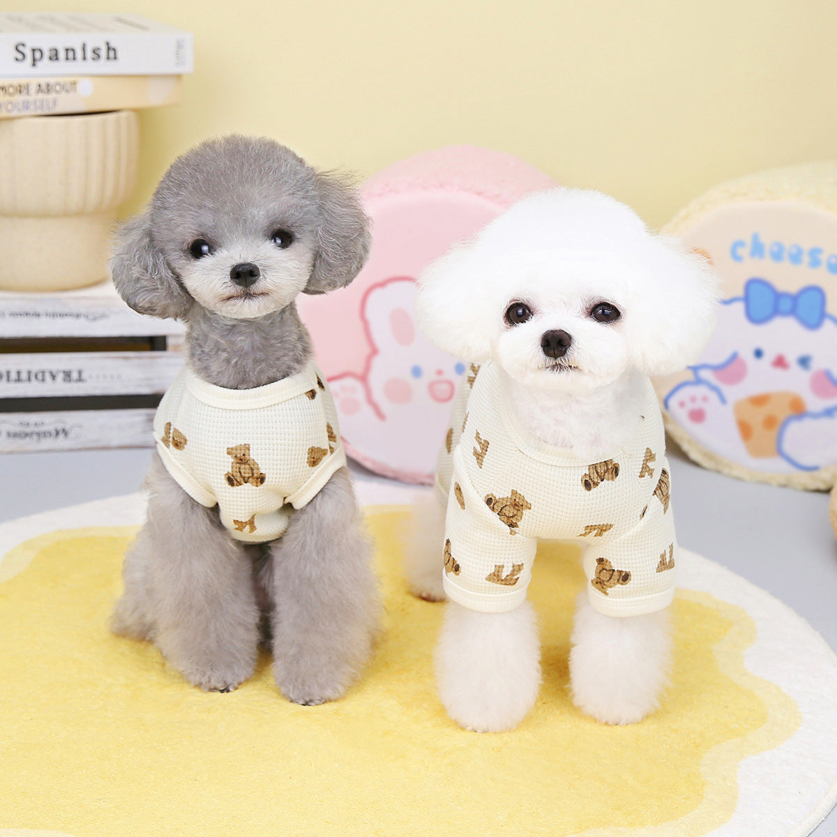 Bear print dog home wear pyjamas in Classic Bear Vest, in a home setting