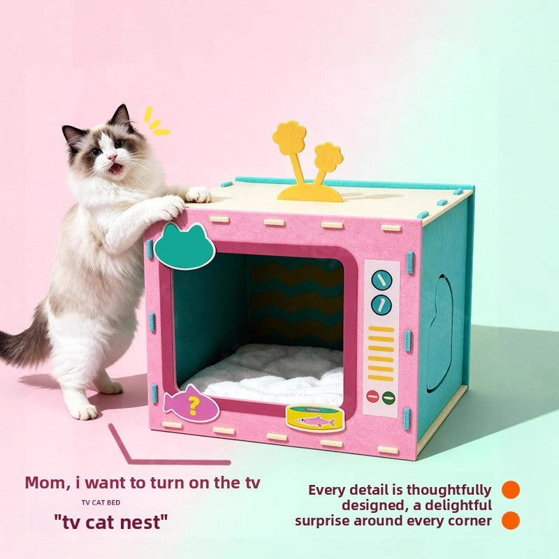 Felt cat nest shaped like a retro TV, view 1