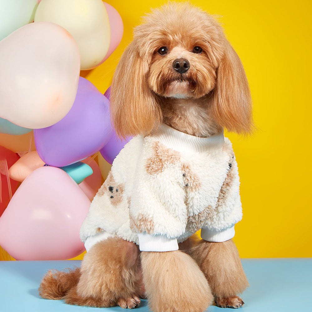 Plush bear print dog jumper for autumn and winter in Bear Print, front view