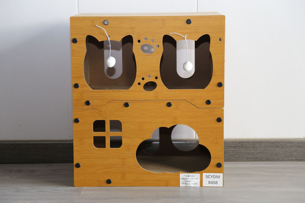 Two tier wooden cat scratching house with doors in natural wood, view 13