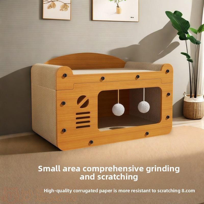Two tier wooden cat scratching house with doors in natural wood, view 1