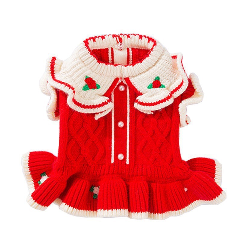 Small dog in a strawberry embroidered knit jumper dress