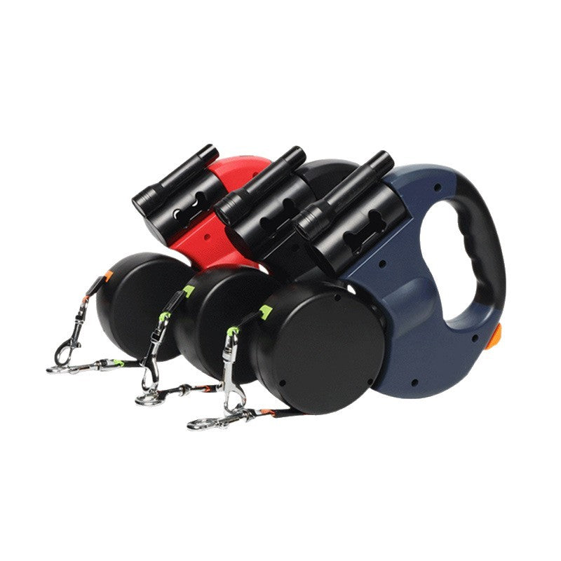 Retractable dog lead with built in poo bag dispenser and 5m tape