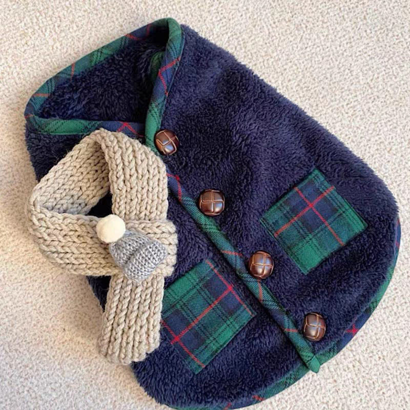 Christmas coral fleece pet vest with matching scarf, showing size and shape