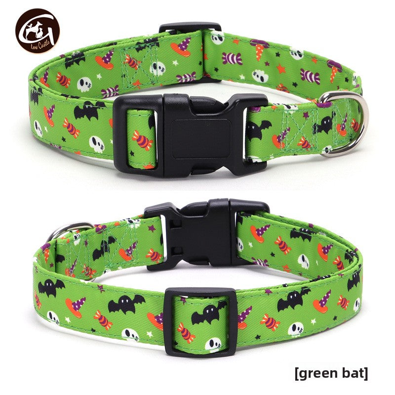Halloween fabric dog collar with pumpkin print in Green Bat with Bow, front view