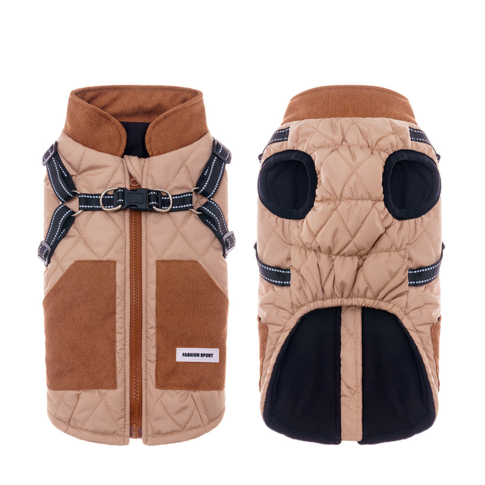 Thick padded dog coat with open back and lead ring in Melon Red, front view