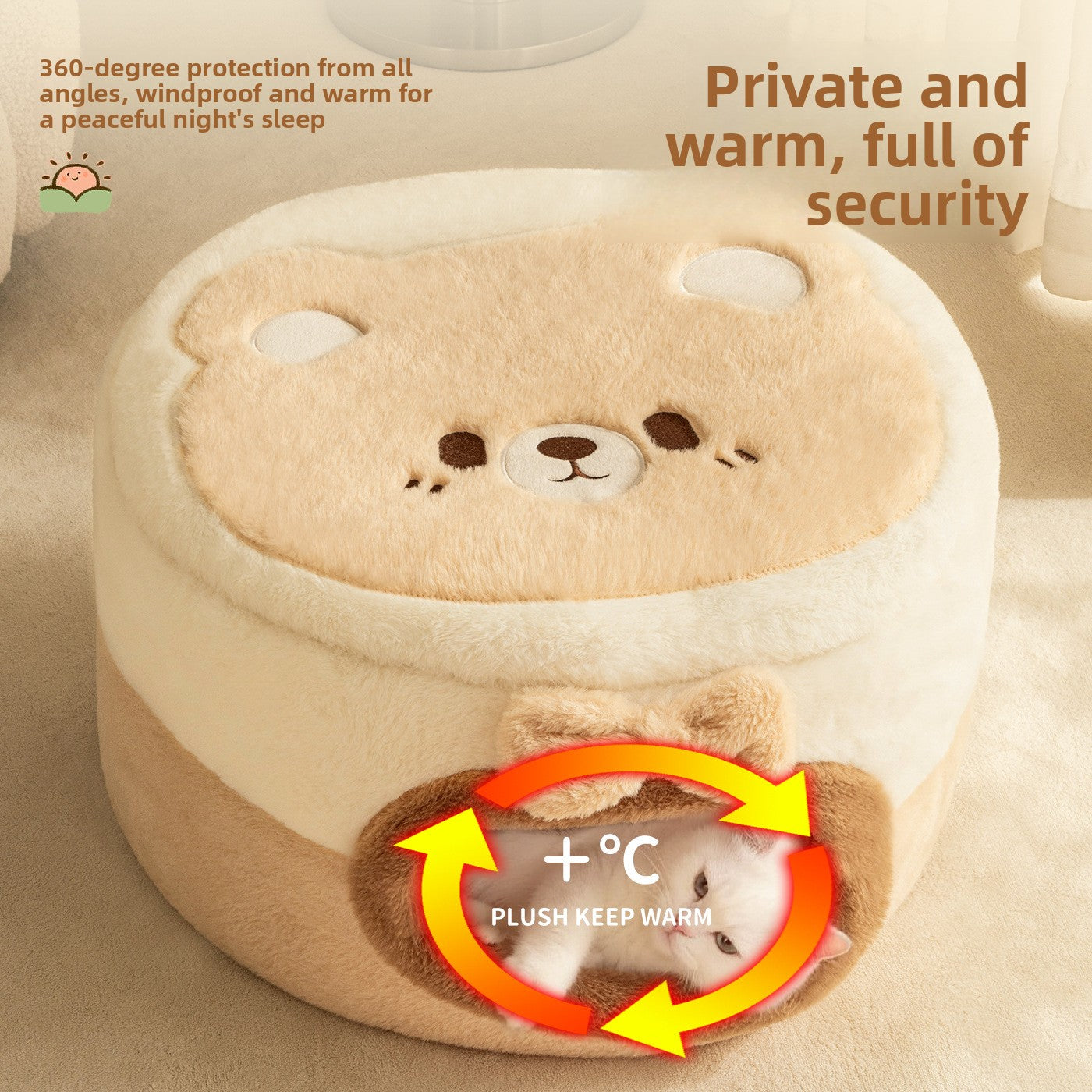 Enclosed cat bed and tent with cartoon bear design, product image 2