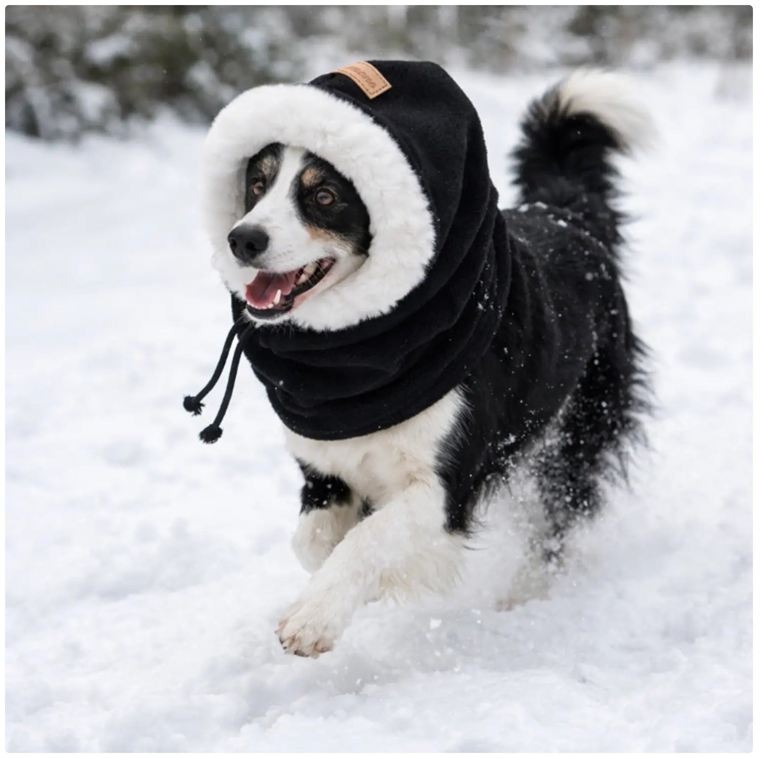 Small dog wearing a black winter hat with ear cover