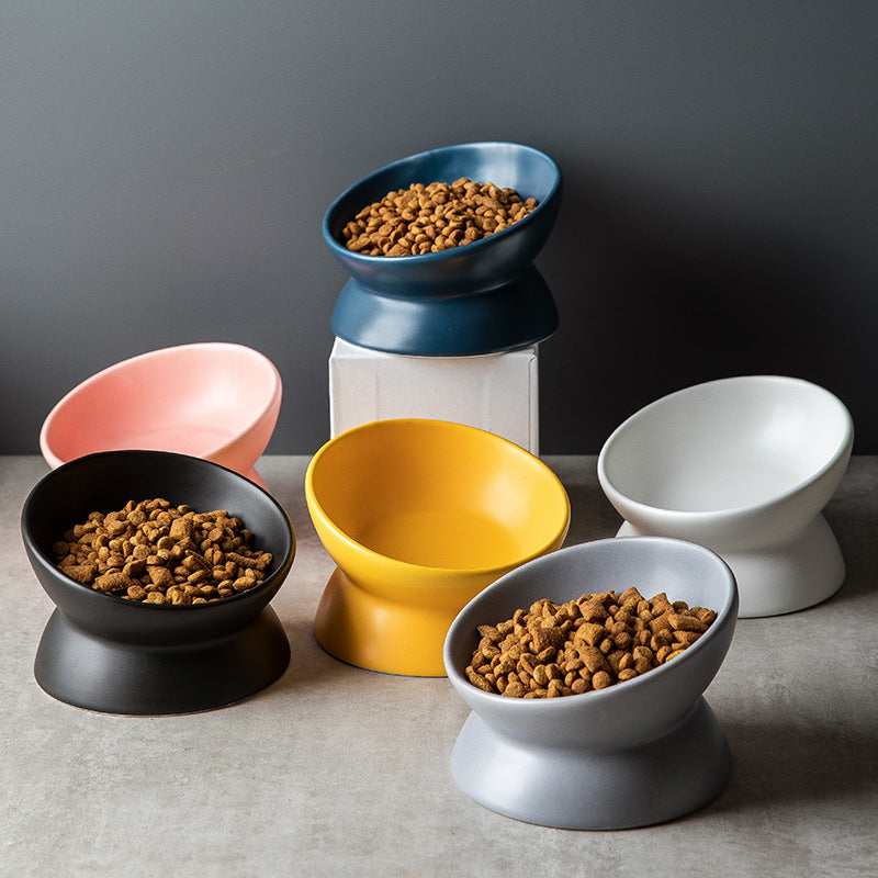White raised ceramic pet bowl with tilted rim