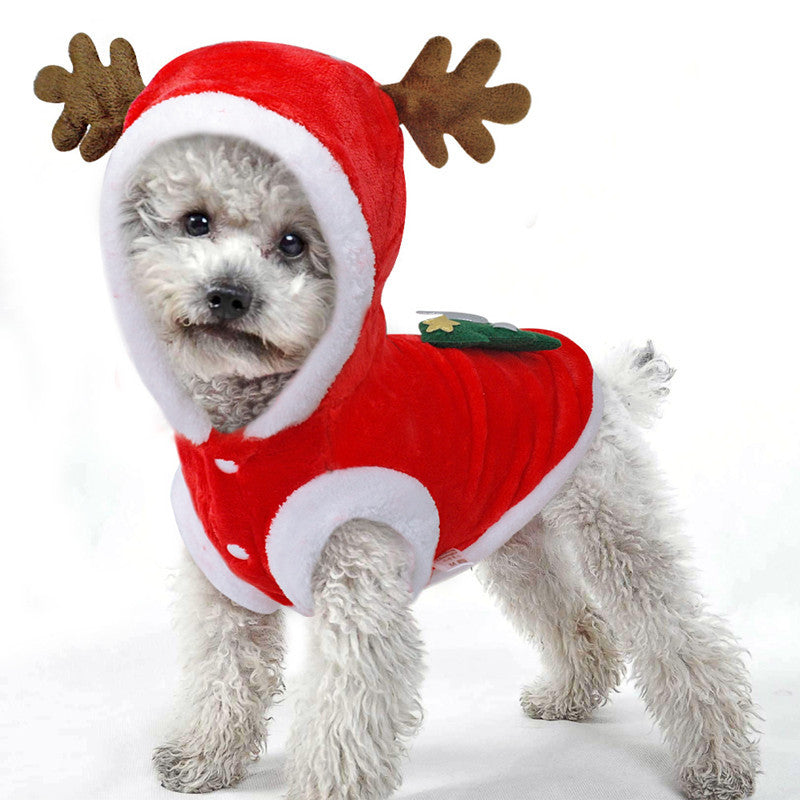 Christmas coral fleece dog outfit with reindeer design in Red, front view