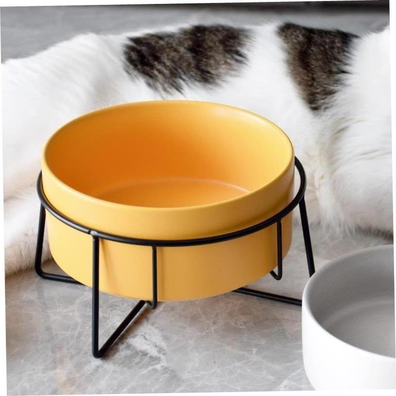 Raised glazed ceramic pet bowl on a stand in pastel yellow, view 2
