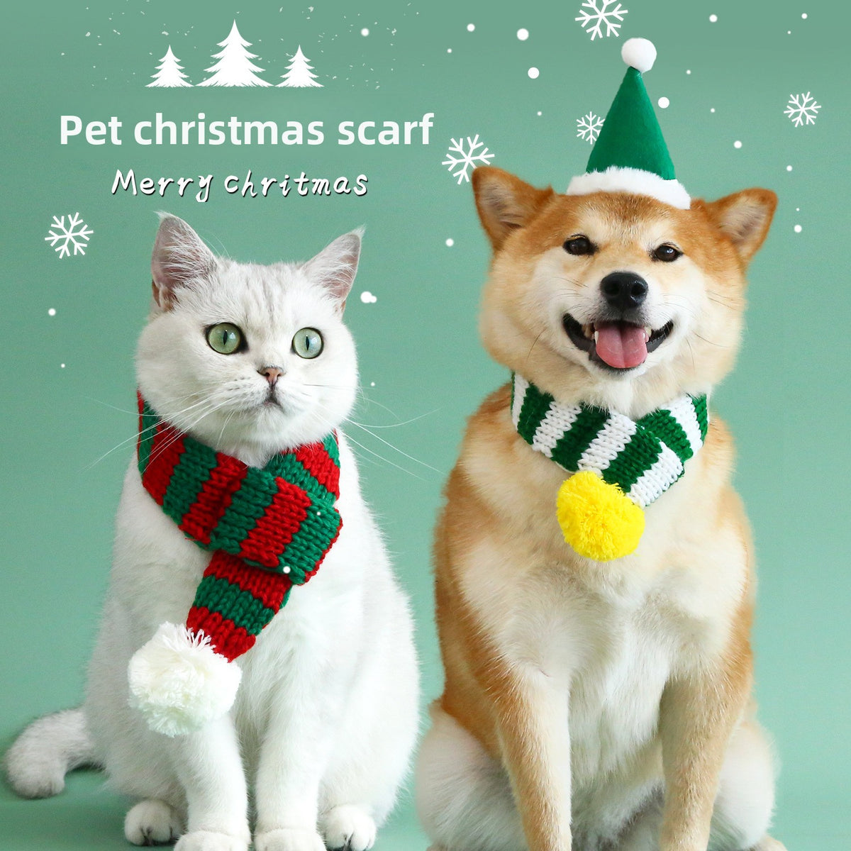Knitted Christmas pet scarf with red and white festive stripes, view 1