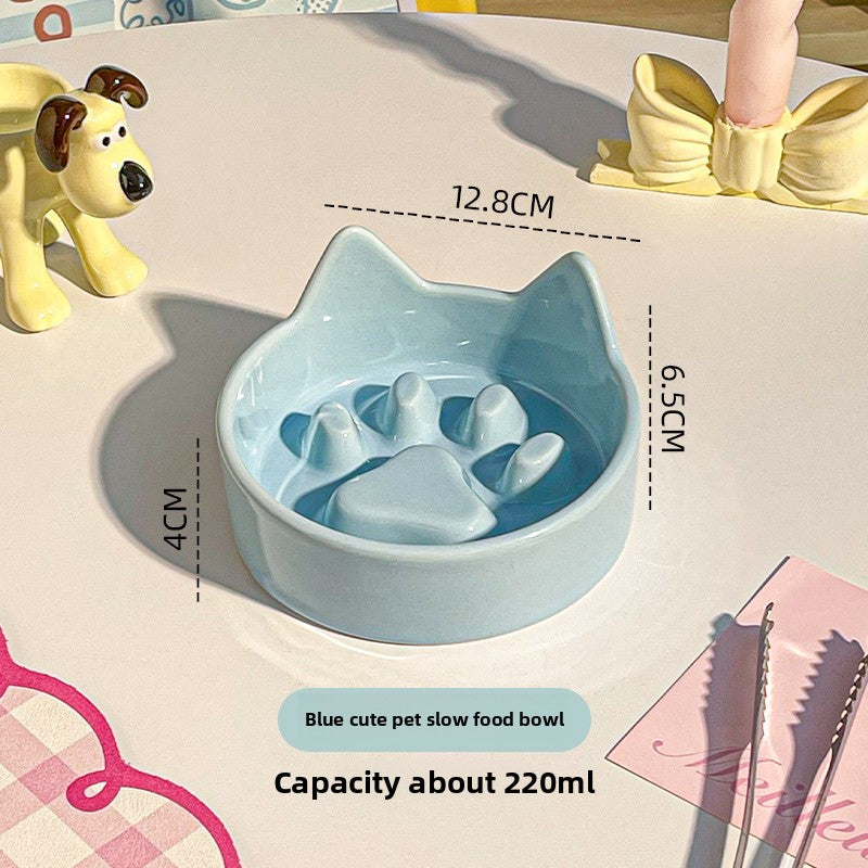 Flower-Shaped Ceramic Slow Feeder Pet Bowl with Wooden Stand for Cats and Dogs