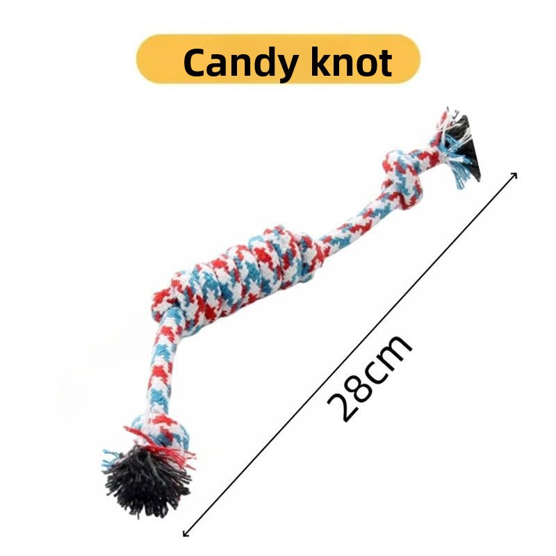Knotted cotton rope carrot dog toy with colourful knots