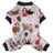 Coral fleece four-leg dog jumpsuit with holiday print, in a home setting