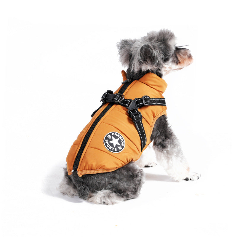 Padded cotton dog jacket with built-in lead vest in Grey, material detail