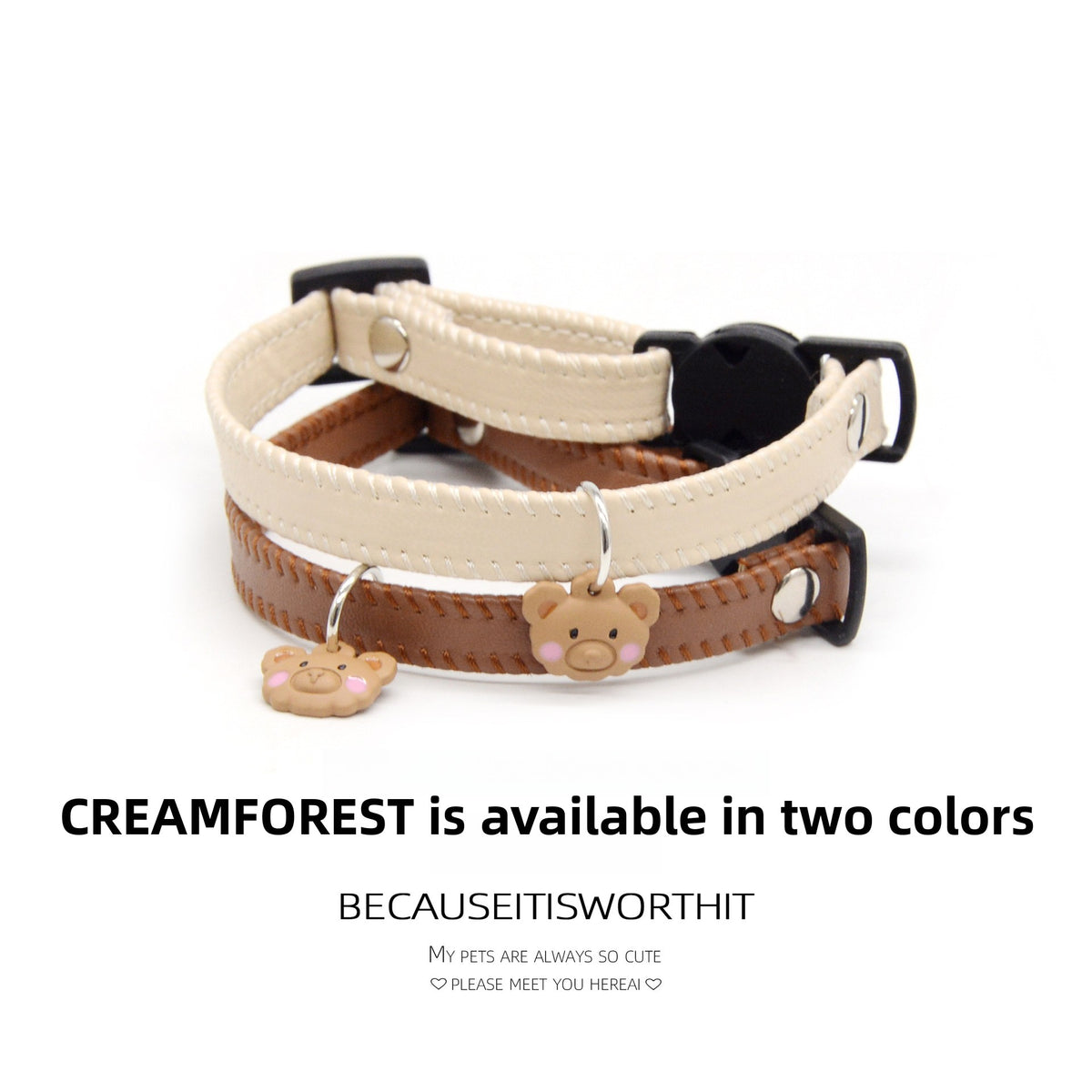 Soft leather cat collar with bear charm and buckle, product image 4