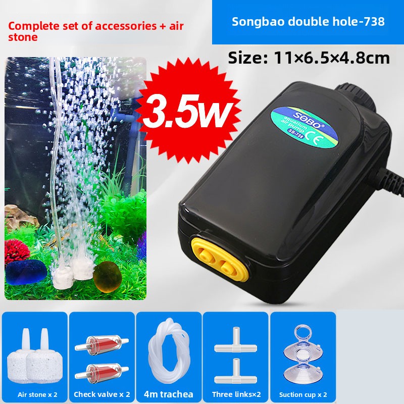Quiet two outlet aquarium air pump with air stones and tubing, view 4