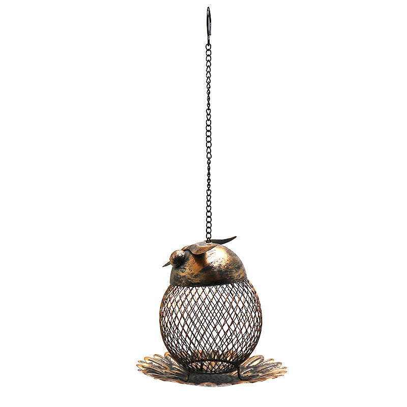 Bronze metal owl shaped hanging bird feeder for gardens, view 2