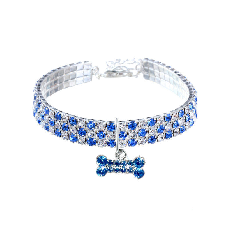 Rhinestone pet collar with bone charm in Pink, top view