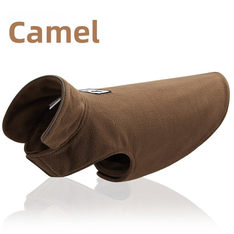 Reversible polar fleece dog vest for winter warmth in Hemp Grey, showing size and shape