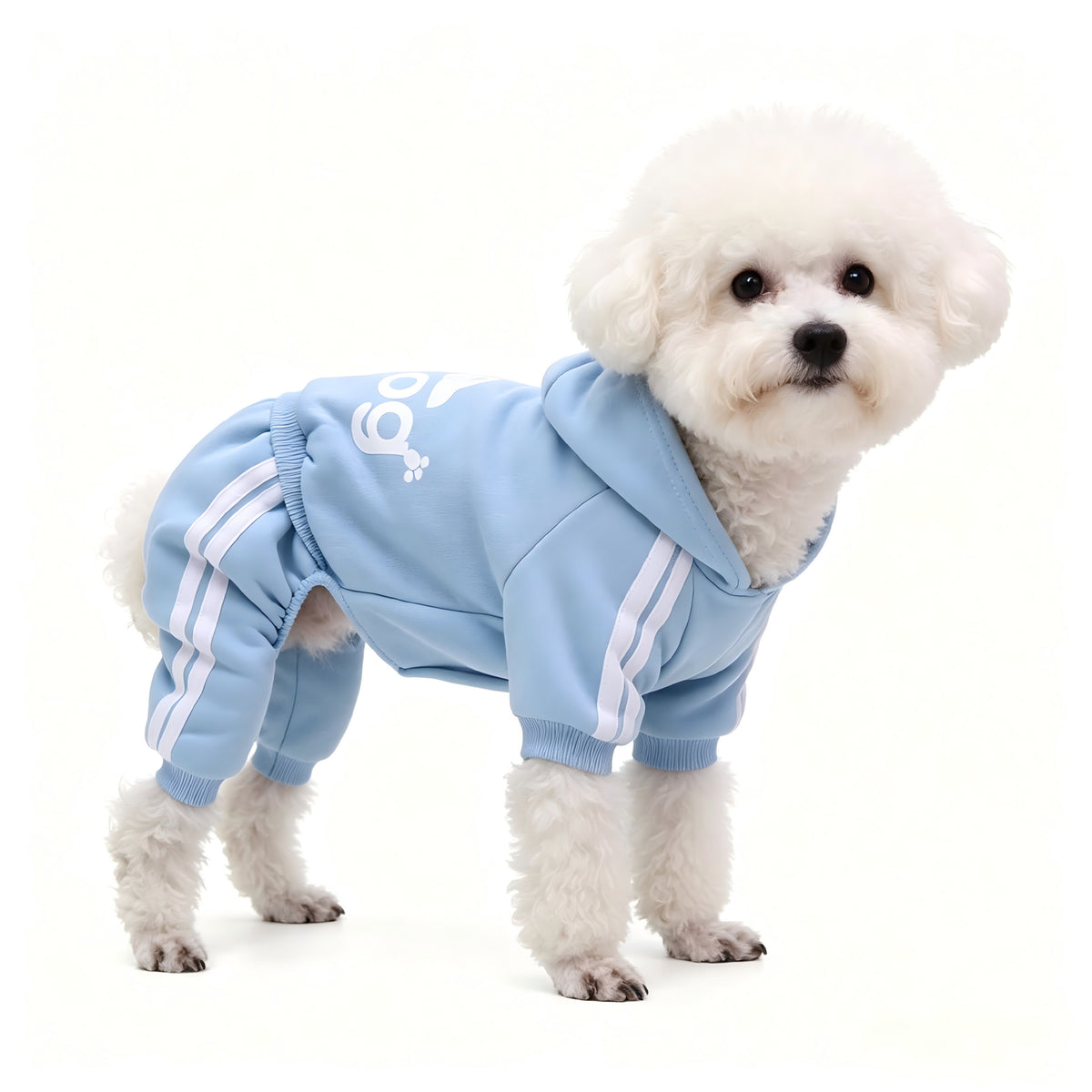 Small dog wearing a red four leg button up hoodie