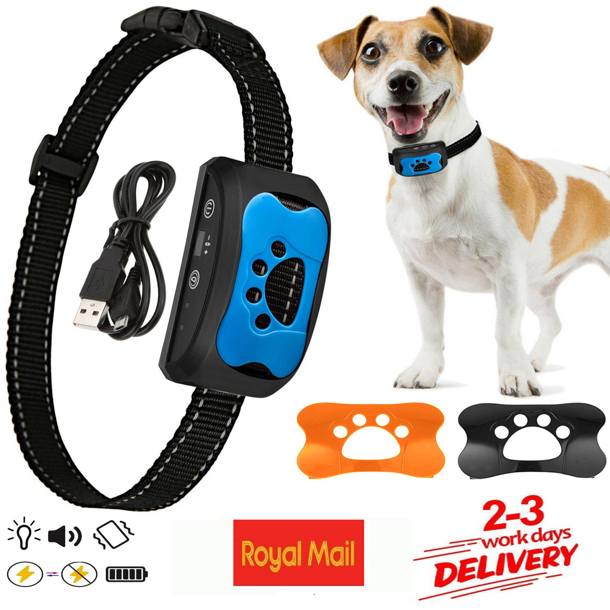 Rechargeable vibration anti-bark dog collar in bright colour, product image 1