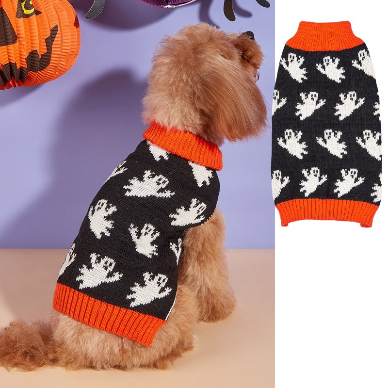 Orange pumpkin print knitted jumper on a small dog