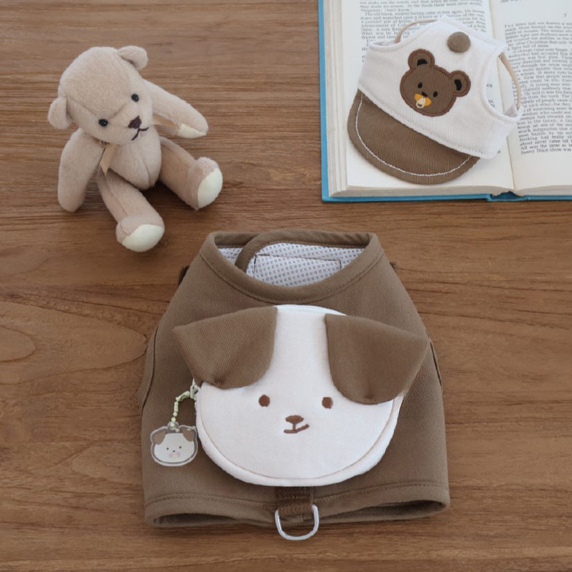 Coffee bear design small dog harness with mini backpack and hat, product image 1