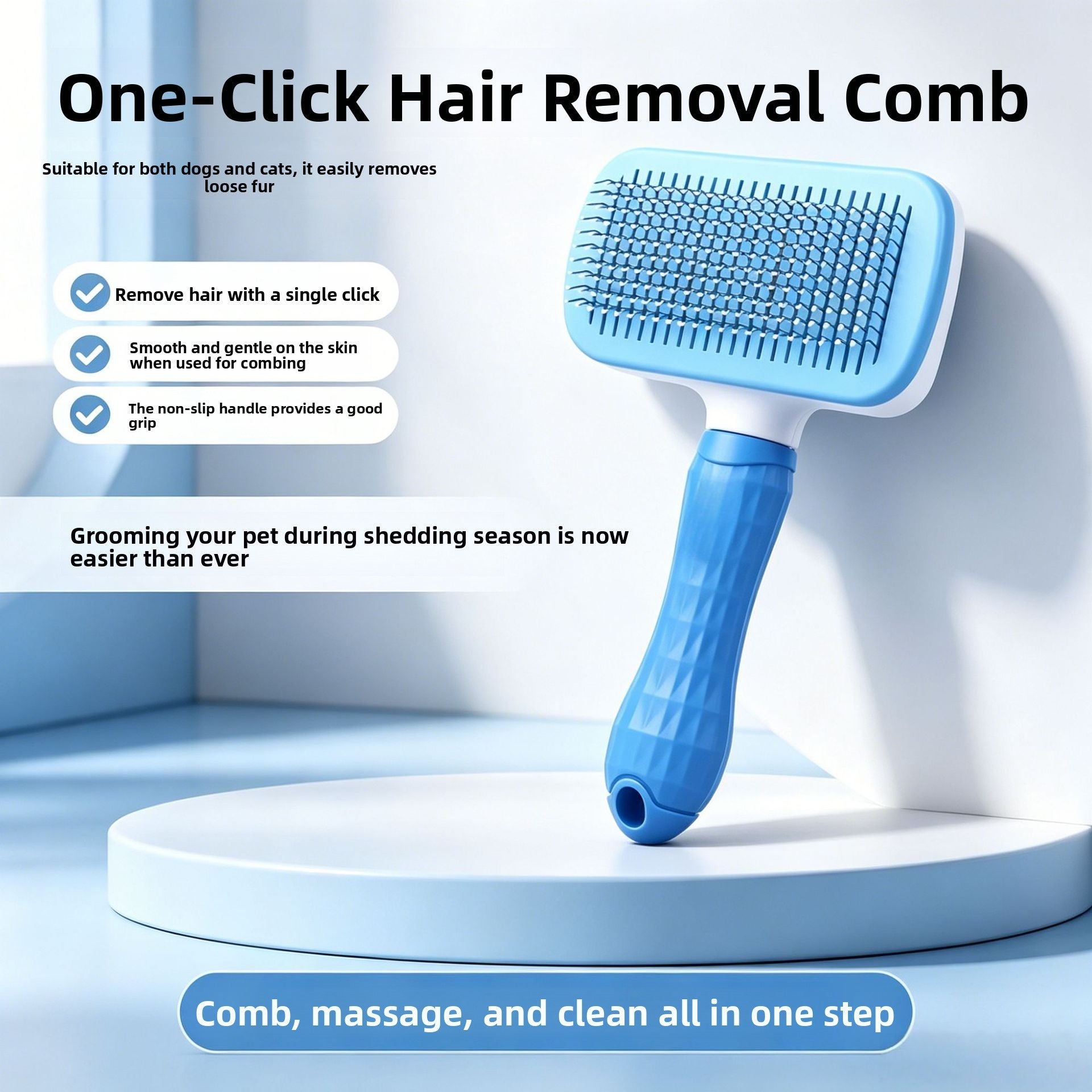 Soft Rounded Pin Deshedding Slicker Brush with One-Touch Release